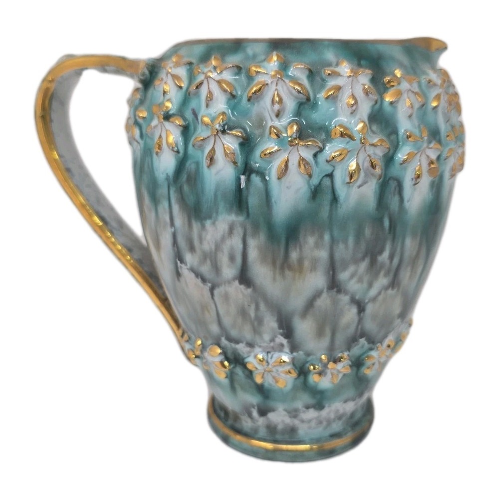 Vtg‎ Italian Pottery Jug Green Creams Gray With Gold Accents Numbered 6.5" U25